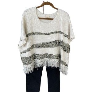 Moth By anthropologie crew‎ neck metallic fringe poncho sweater Size large